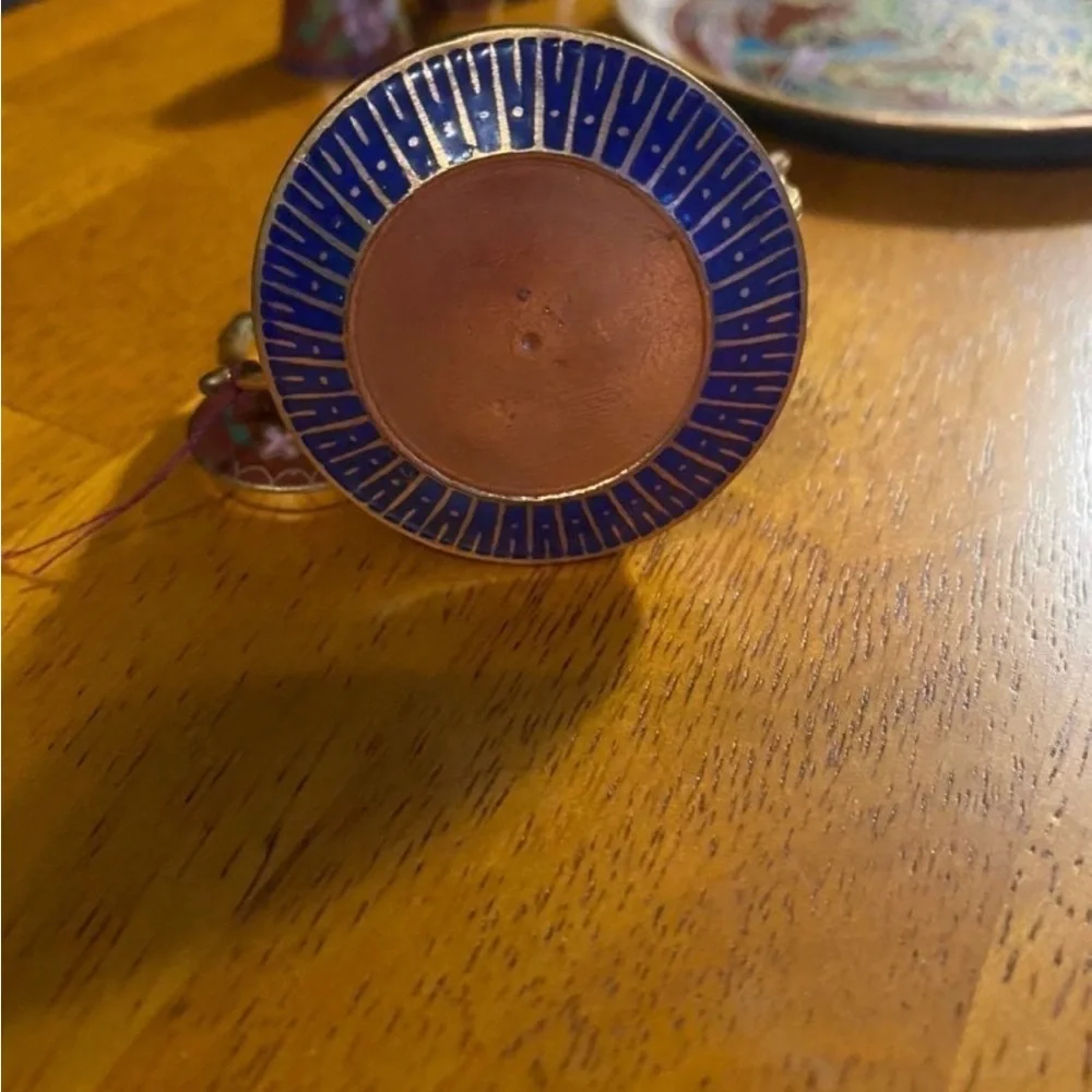 Cloisonné Decorative Plate with Bird & Floral Motif in Blue and Red
